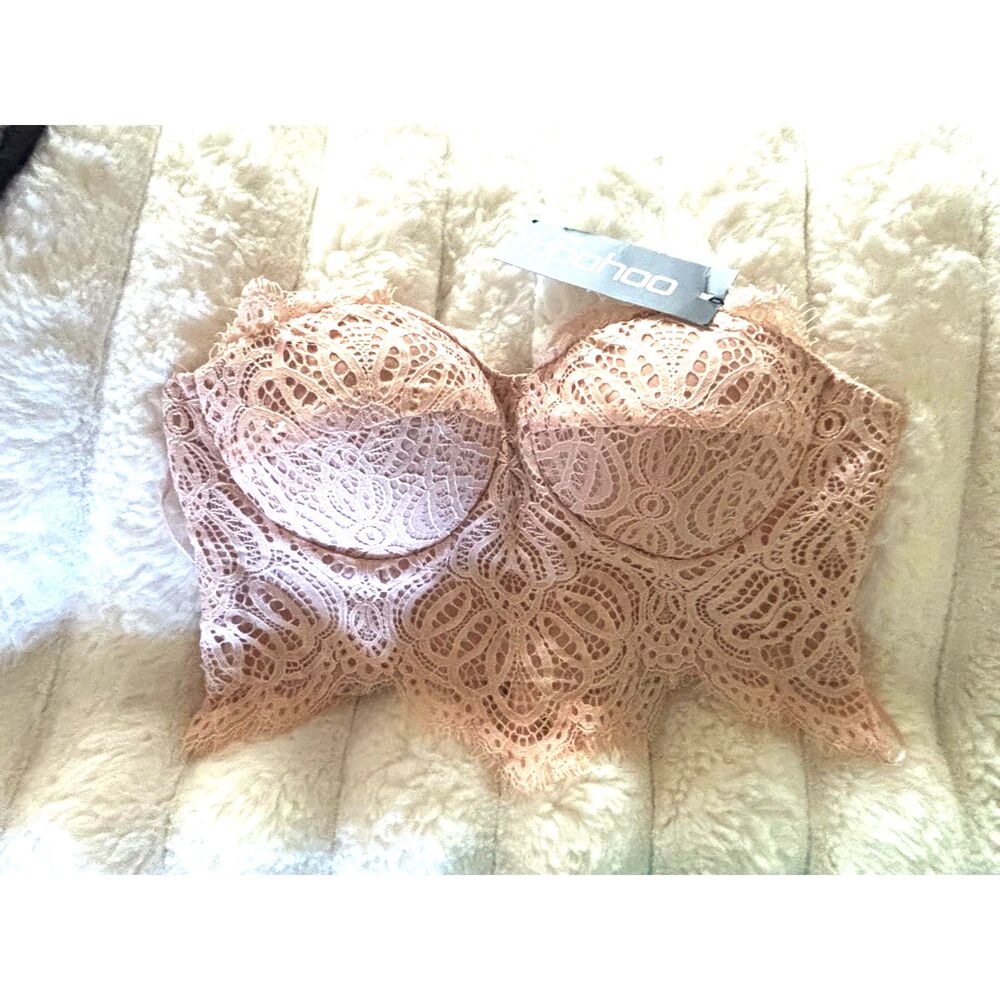 NWT BooHoo Premium Lace Bandeau Strapless Bra Blush Pink Small S